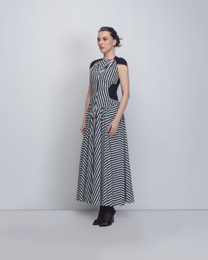 Zellus Dress - Black + White Stripes / Black cotton Buy Zellus Dress - Black + White Stripes / Black from C&W | Dresses for Women by Leh Studios in black color for women in Singapore
