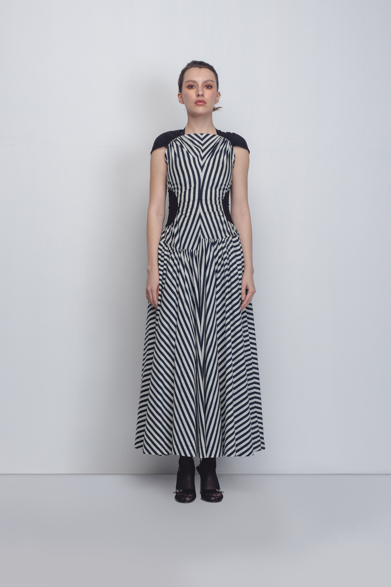 Zellus Dress - Black + White Stripes / Black cotton Buy Zellus Dress - Black + White Stripes / Black from C&W | Dresses for Women by Leh Studios in black color for women in Singapore