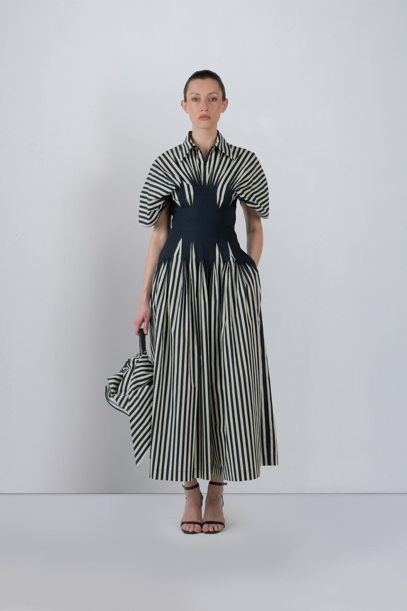ZORA DRESS - Black/White Stripes dress by Leh Studios in black for women in Singapore