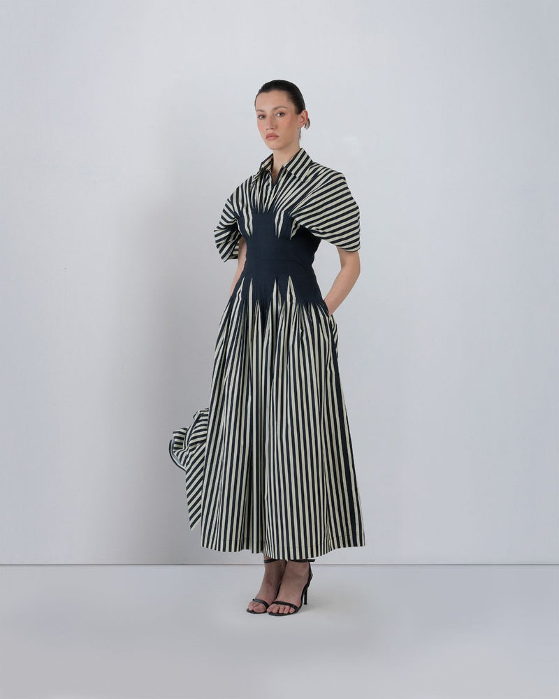 ZORA DRESS - Black/White Stripes dress by Leh Studios in black for women in Singapore