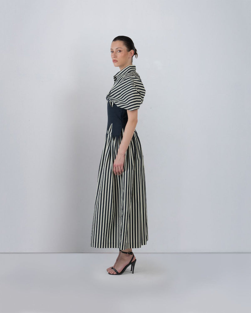 ZORA DRESS - Black/White Stripes dress by Leh Studios in black for women in Singapore