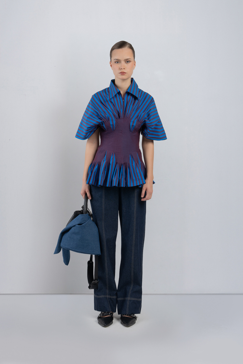ZORA TOP - Blue/ Plum Stripes top/shirt by Leh Studios in blue for women in Singapore
