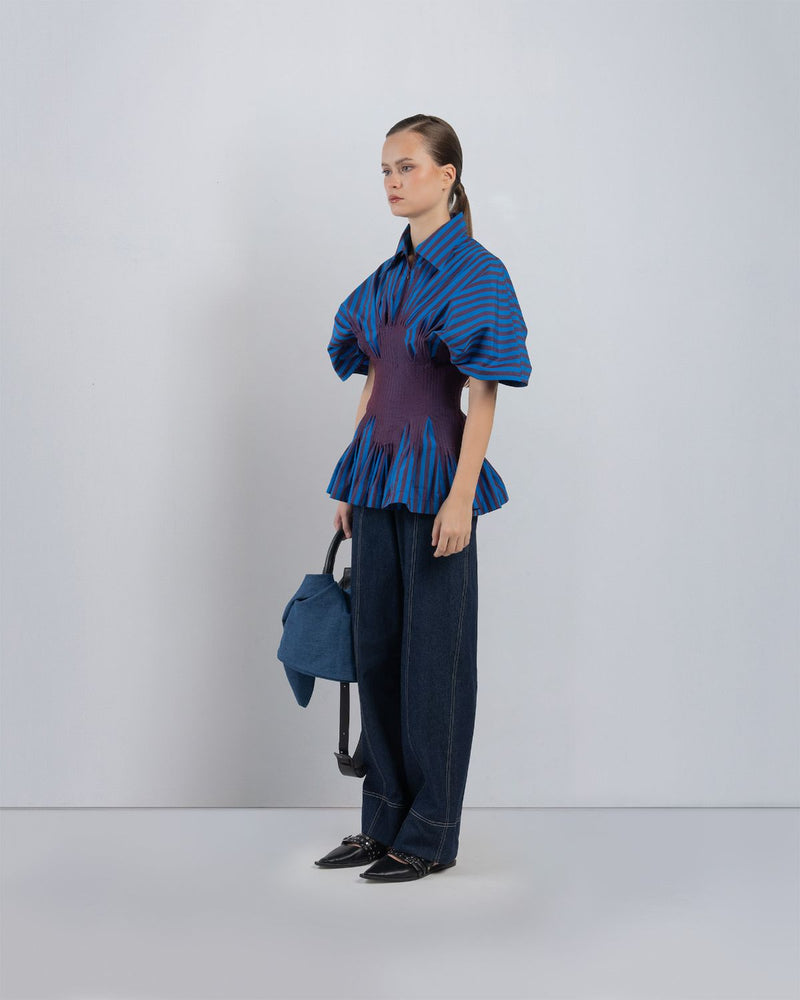 ZORA TOP - Blue/ Plum Stripes top/shirt by Leh Studios in blue for women in Singapore