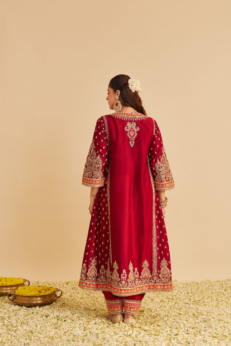 Zoya - Dabka Zardozi Embroidered Rich Banarasi Kalidaar Deep Red Long Chauga Set satin by SHEETAL BATRA in red color for women in Singapore