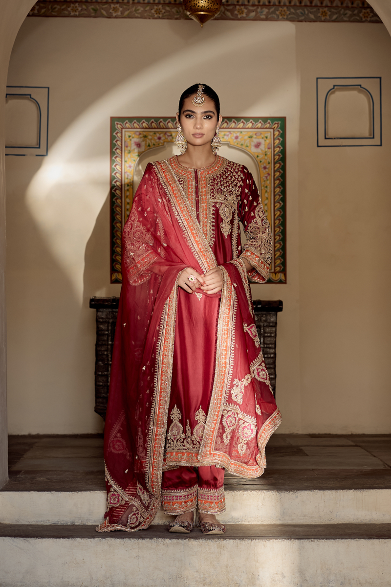 Zoya - Dabka Zardozi Embroidered Rich Banarasi Kalidaar Deep Red Long Chauga Set satin by SHEETAL BATRA in red color for women in Singapore