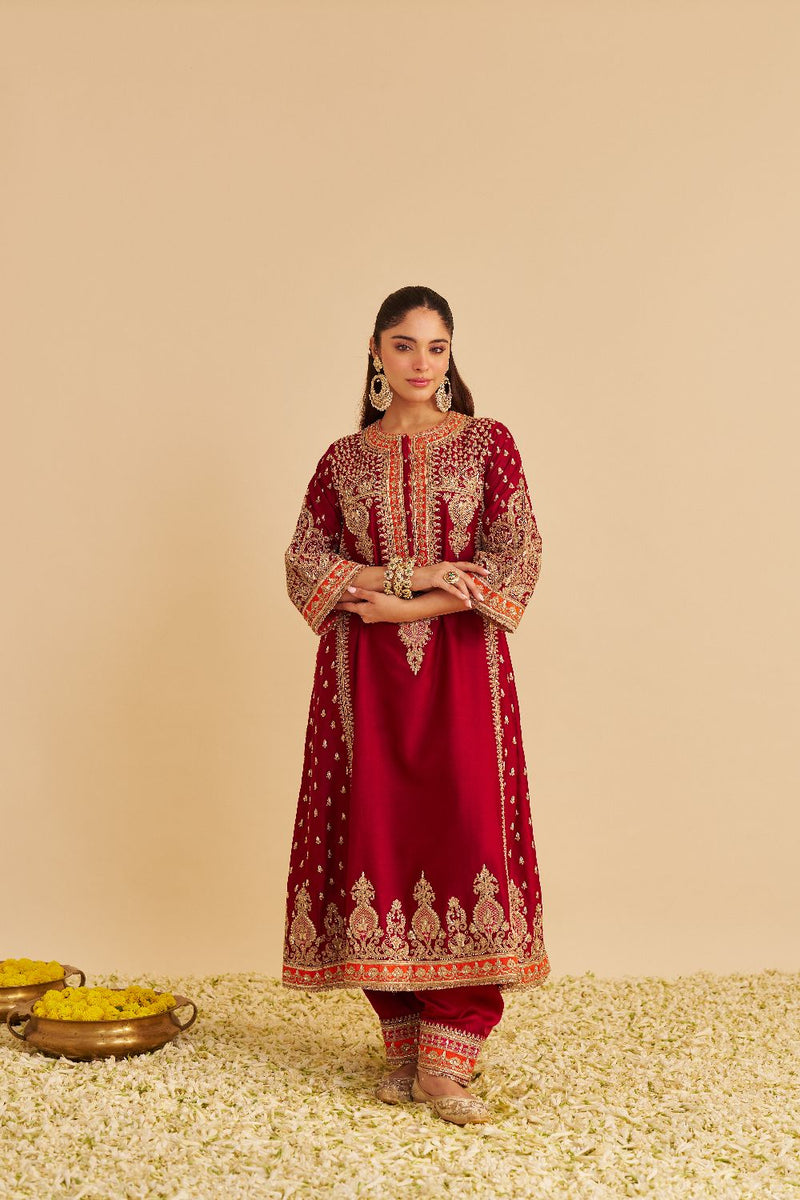 Zoya - Dabka Zardozi Embroidered Rich Banarasi Kalidaar Deep Red Long Chauga Set satin by SHEETAL BATRA in red color for women in Singapore