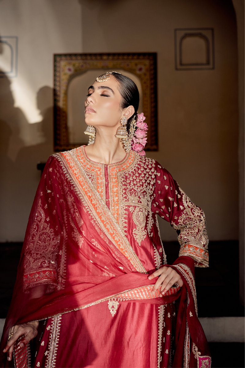 Zoya - Dabka Zardozi Embroidered Rich Banarasi Kalidaar Deep Red Long Chauga Set satin by SHEETAL BATRA in red color for women in Singapore