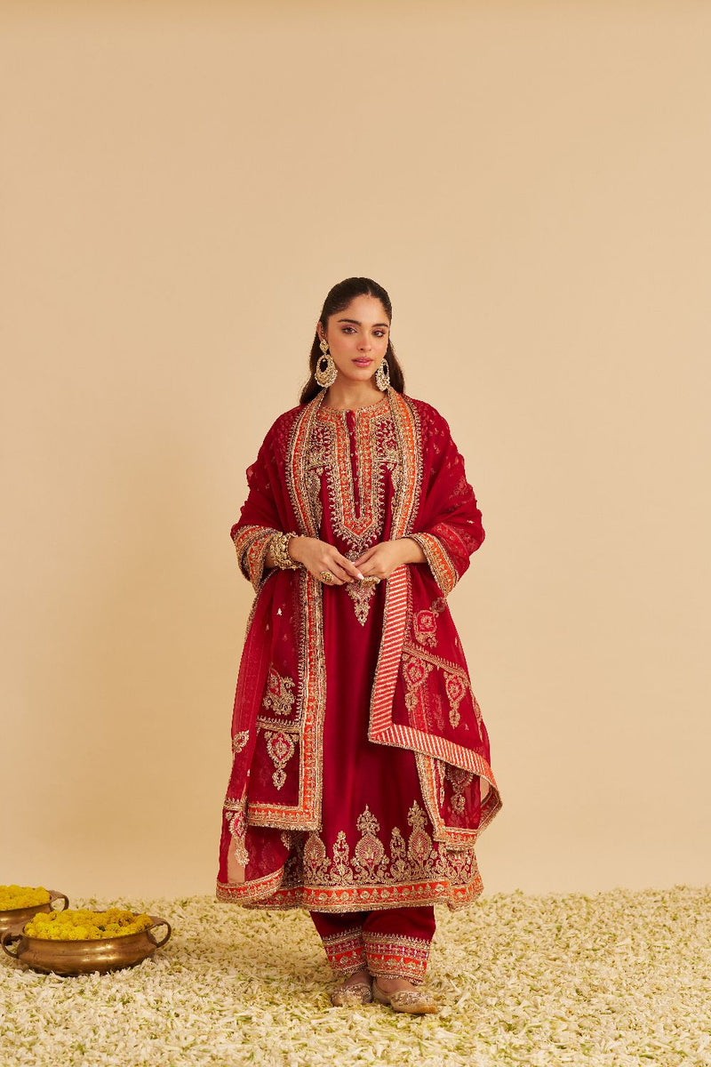 Zoya - Dabka Zardozi Embroidered Rich Banarasi Kalidaar Deep Red Long Chauga Set satin by SHEETAL BATRA in red color for women in Singapore
