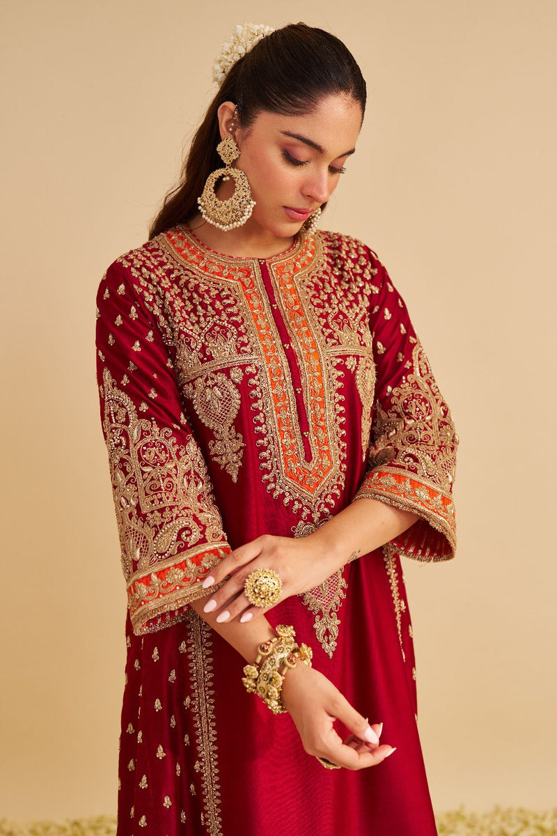 Zoya - Dabka Zardozi Embroidered Rich Banarasi Kalidaar Deep Red Long Chauga Set satin by SHEETAL BATRA in red color for women in Singapore