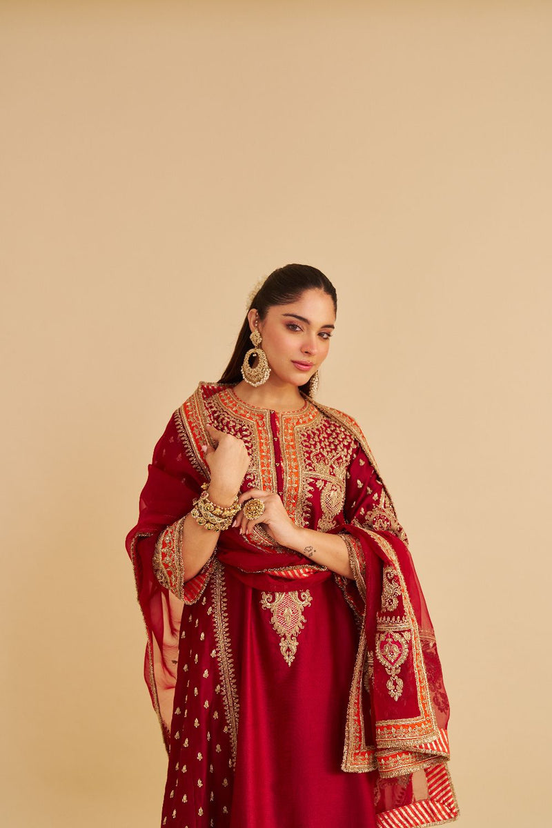Zoya - Dabka Zardozi Embroidered Rich Banarasi Kalidaar Deep Red Long Chauga Set satin by SHEETAL BATRA in red color for women in Singapore