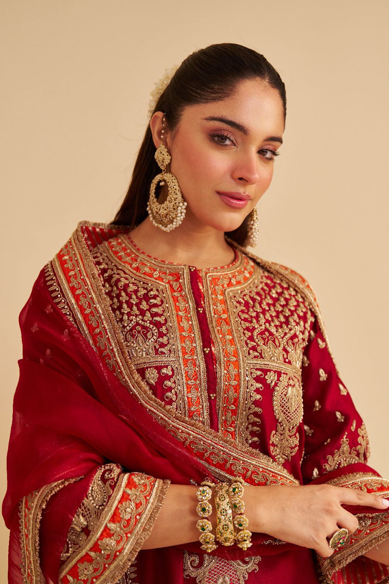 Zoya - Dabka Zardozi Embroidered Rich Banarasi Kalidaar Deep Red Long Chauga Set satin by SHEETAL BATRA in red color for women in Singapore