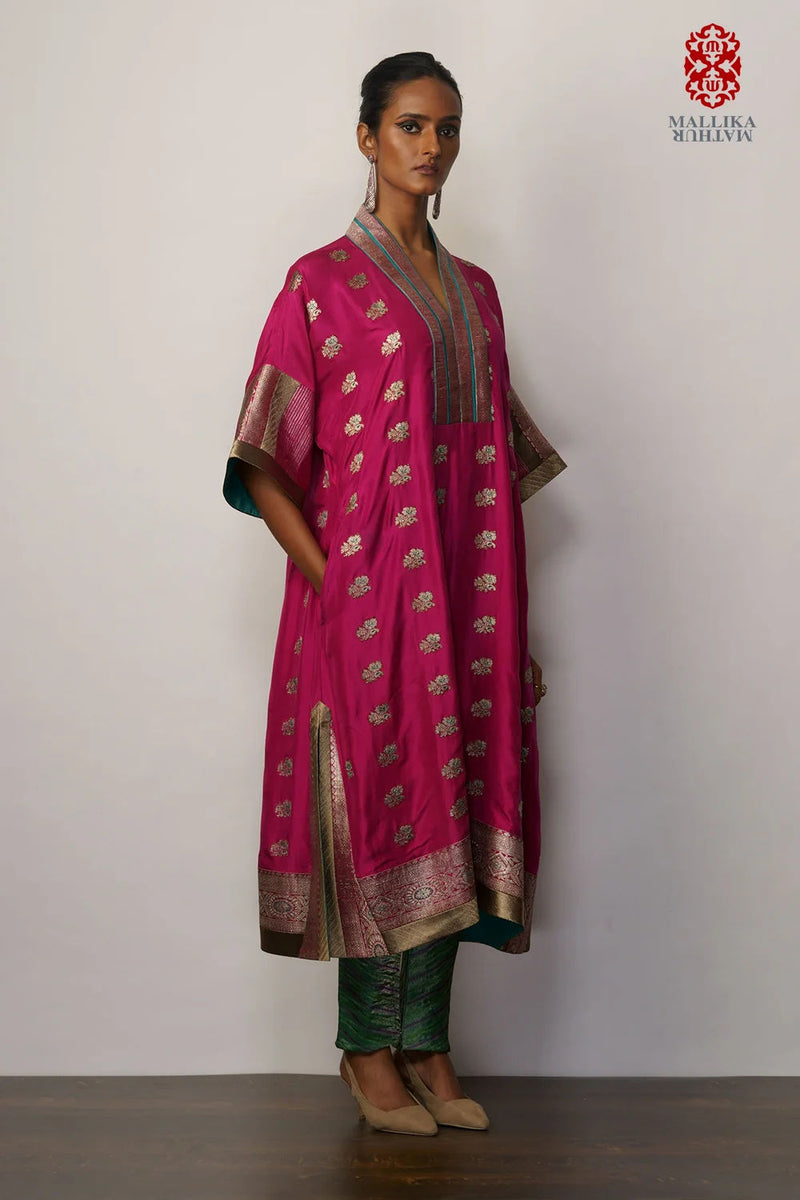 Zarkashi' phiran magenta silk silk kurta/kurta set by Malika Mathur in pink for women in Singapore
