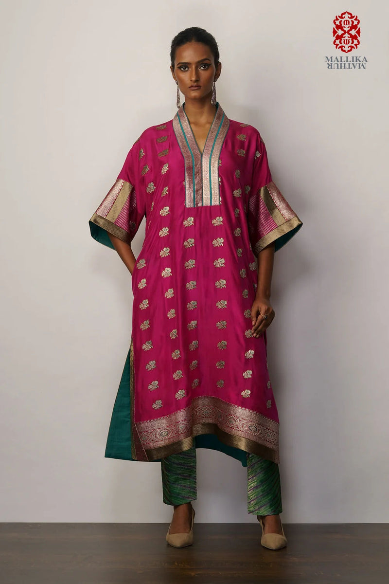 Zarkashi' phiran magenta silk silk kurta/kurta set by Malika Mathur in pink for women in Singapore