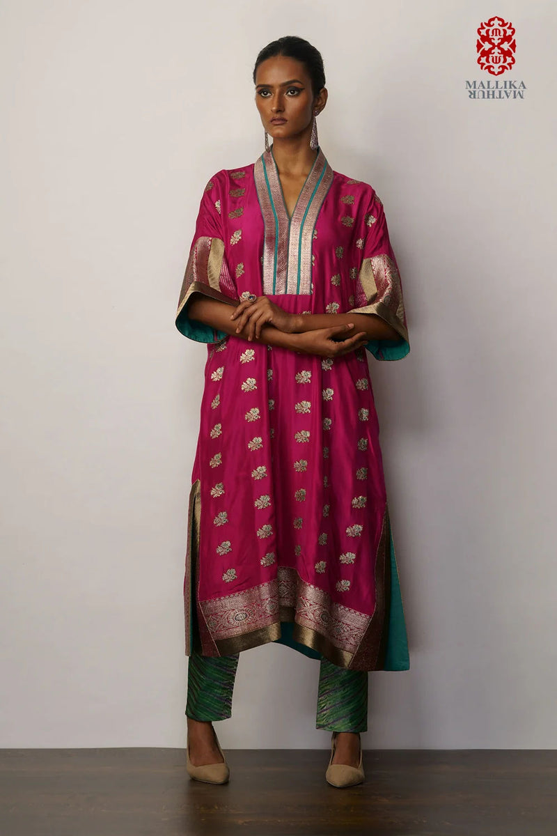 Zarkashi' phiran magenta silk silk kurta/kurta set by Malika Mathur in pink for women in Singapore