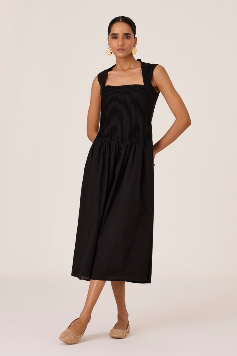 Ziva Black Pleated Midi Dress cotton by The Summer House in black color for women in Singapore