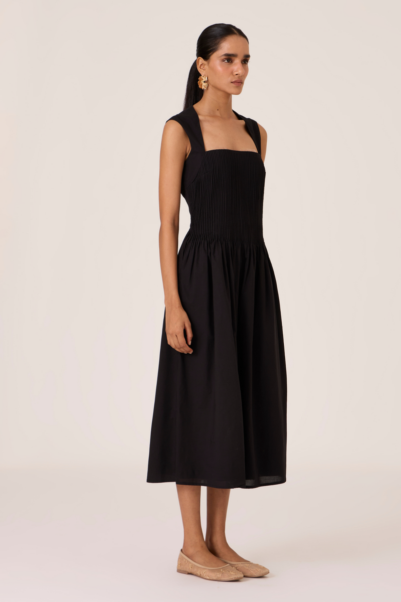 Ziva Black Pleated Midi Dress cotton by The Summer House in black color for women in Singapore