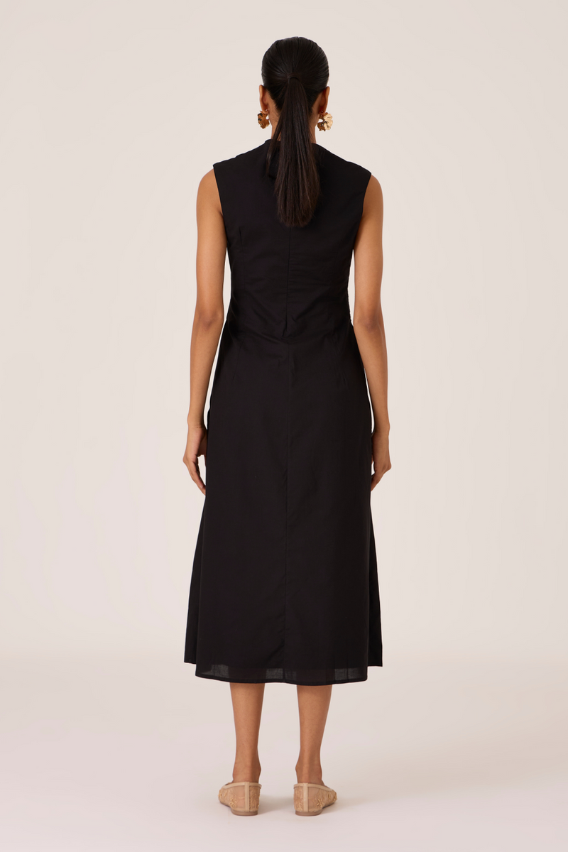 Ziva Black Pleated Midi Dress cotton by The Summer House in black color for women in Singapore