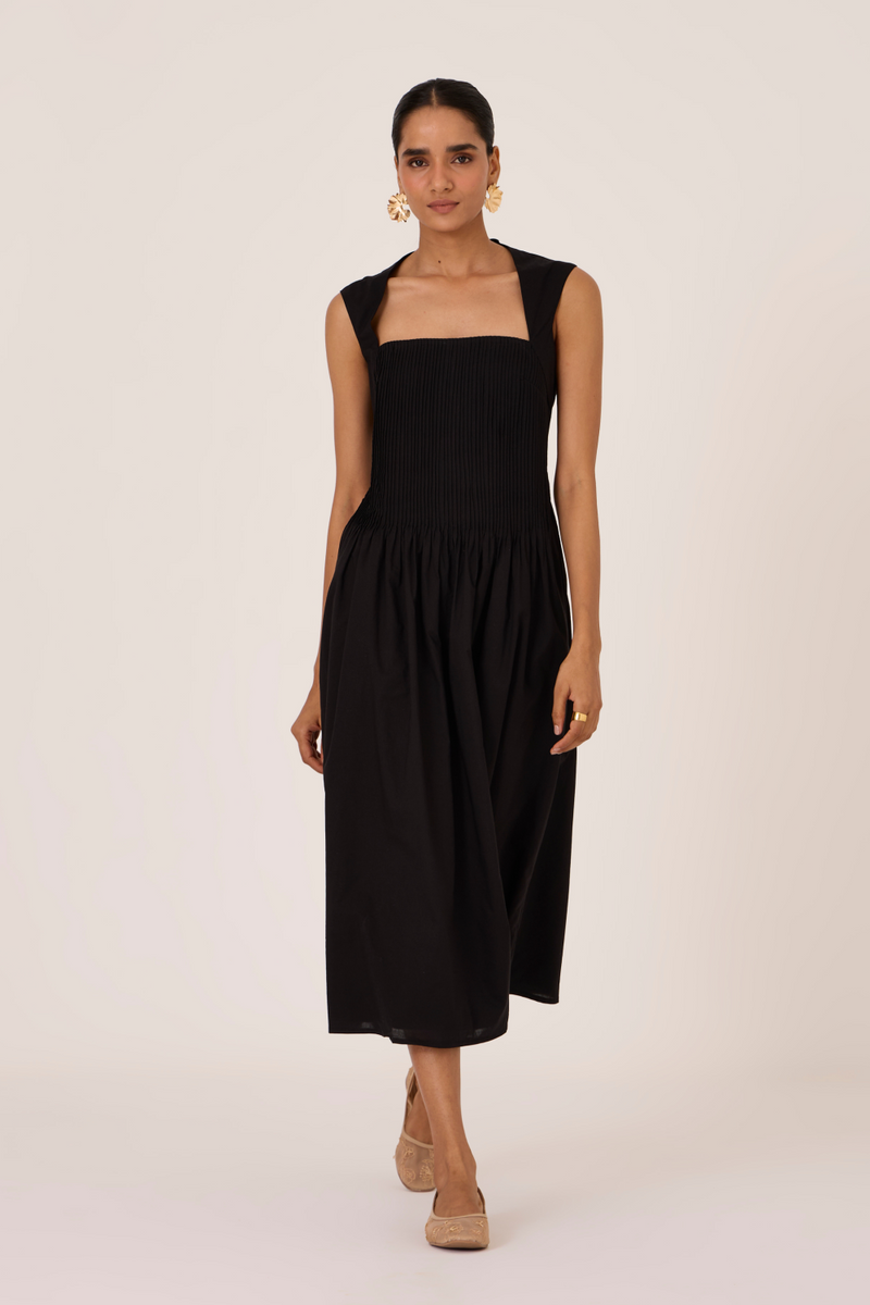 Ziva Black Pleated Midi Dress cotton by The Summer House in black color for women in Singapore
