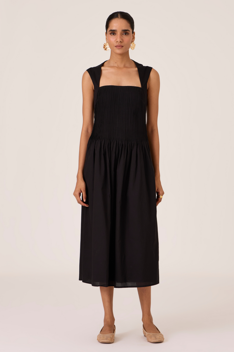 Ziva Black Pleated Midi Dress cotton by The Summer House in black color for women in Singapore
