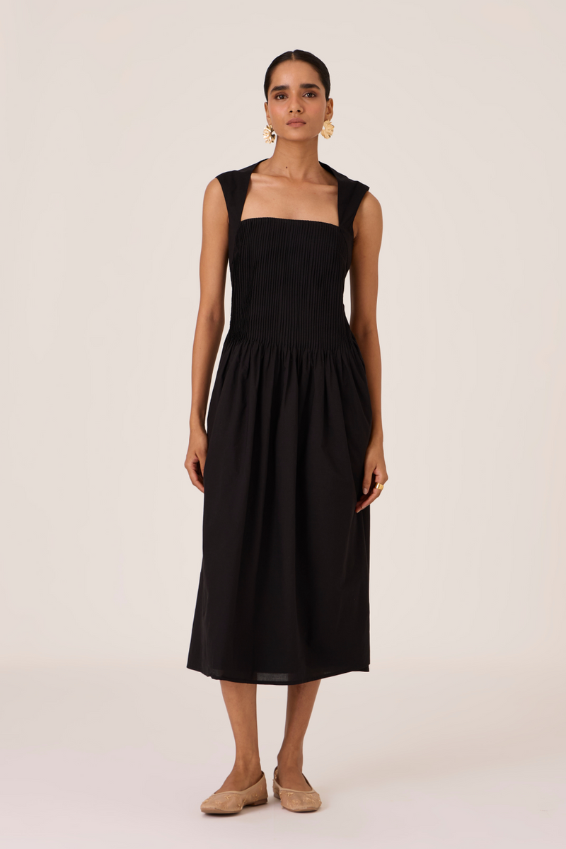 Ziva Black Pleated Midi Dress cotton by The Summer House in black color for women in Singapore