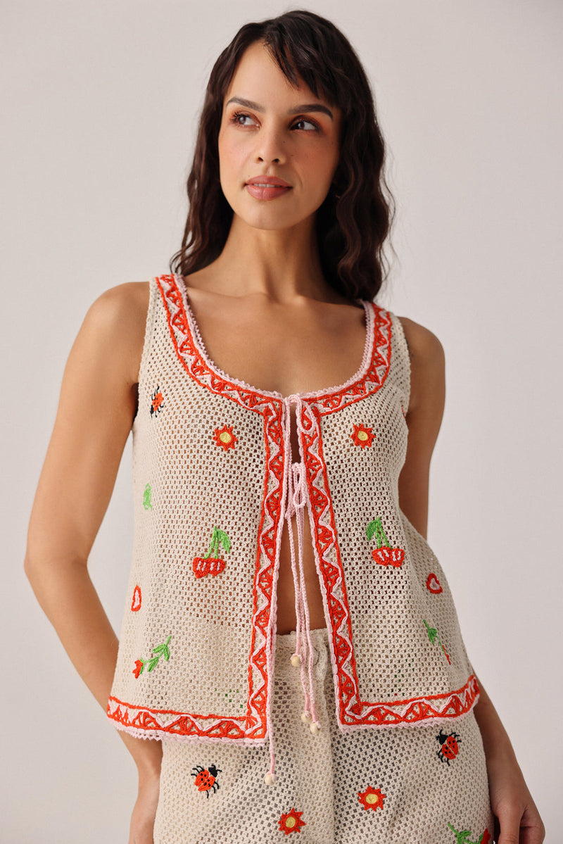 Ziva Vest-Ecru crochet resort wear by NOIB in beige for women in Singapore