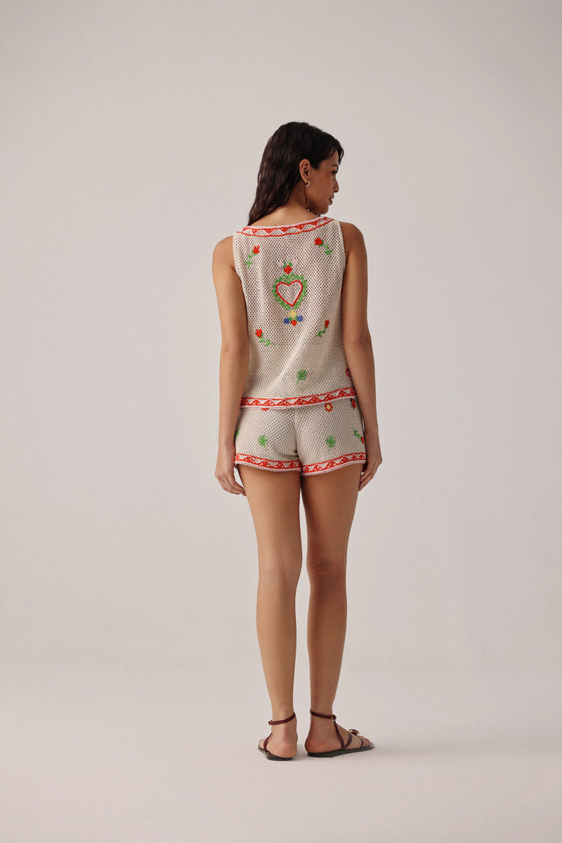 Ziva Vest-Ecru crochet resort wear by NOIB in beige for women in Singapore