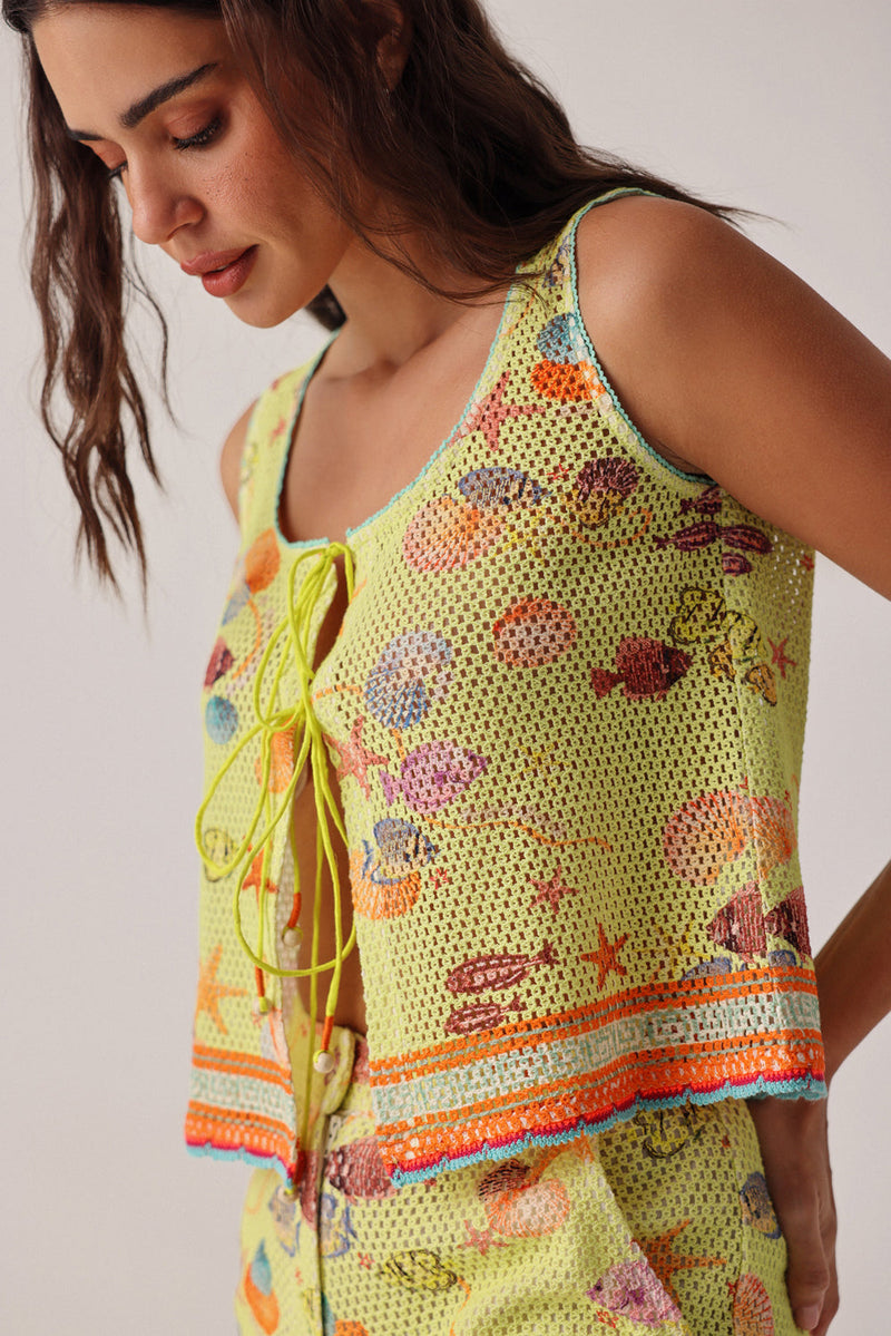 Ziva Vest-Seaborn crochet resort wear by NOIB in yellow for women in Singapore
