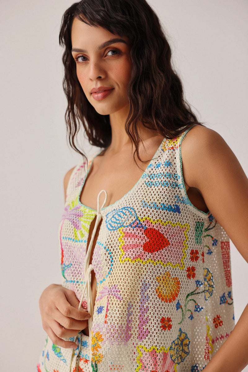 Ziva Vest-Seascape crochet resort wear by NOIB in multi-color for women in Singapore