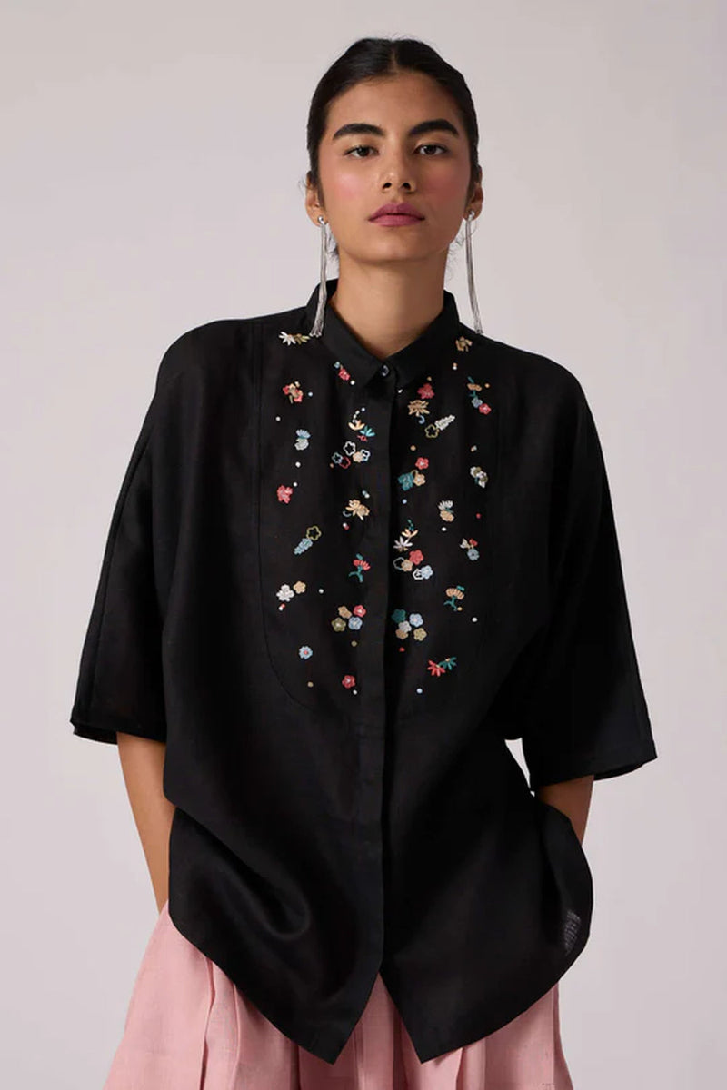 Zuri Noir Shirt 100% linen top/shirt by The Summer House in black for women in Singapore