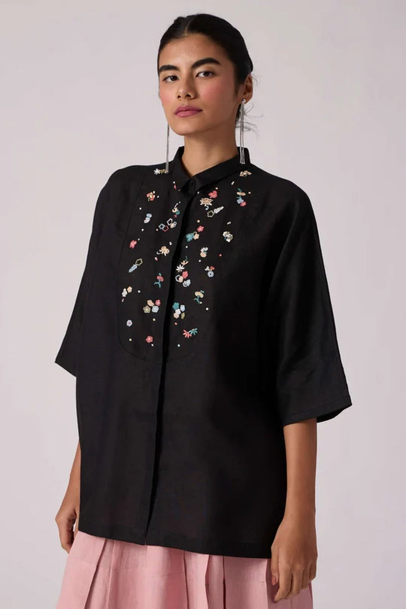 Zuri Noir Shirt 100% linen top/shirt by The Summer House in black for women in Singapore
