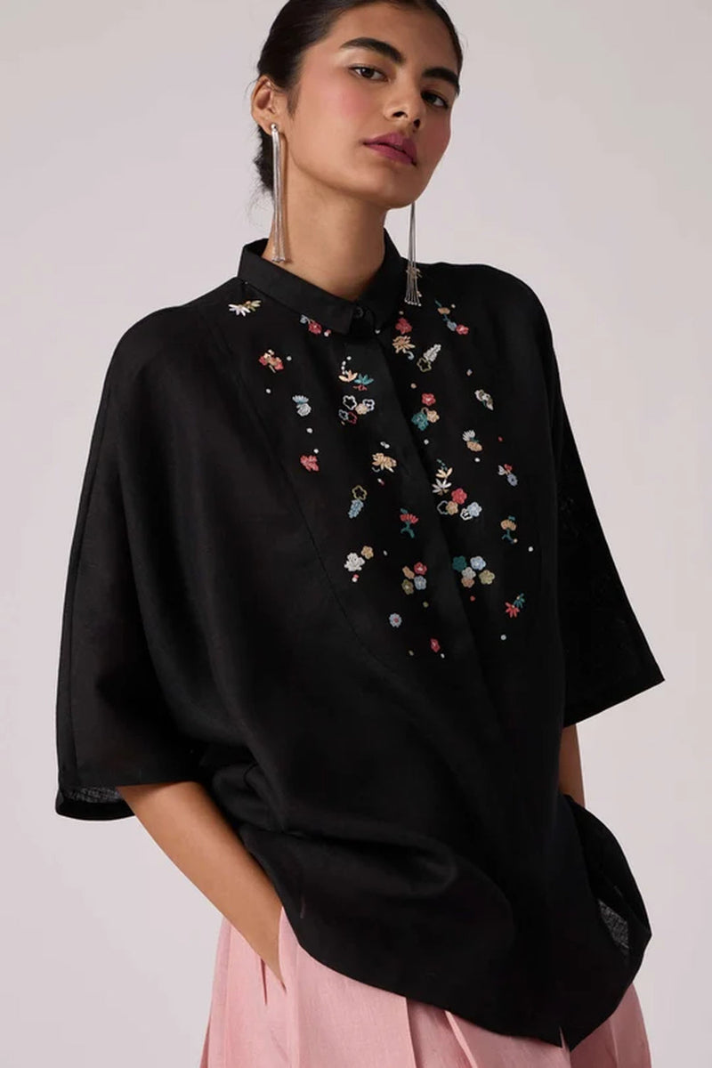 Zuri Noir Shirt 100% linen top/shirt by The Summer House in black for women in Singapore