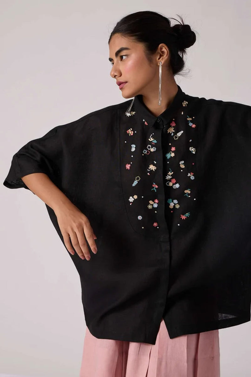 Zuri Noir Shirt 100% linen top/shirt by The Summer House in black for women in Singapore