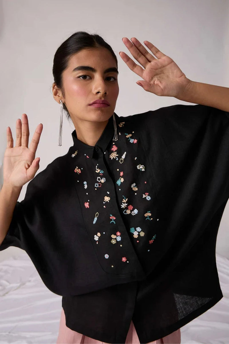 Zuri Noir Shirt 100% linen top/shirt by The Summer House in black for women in Singapore