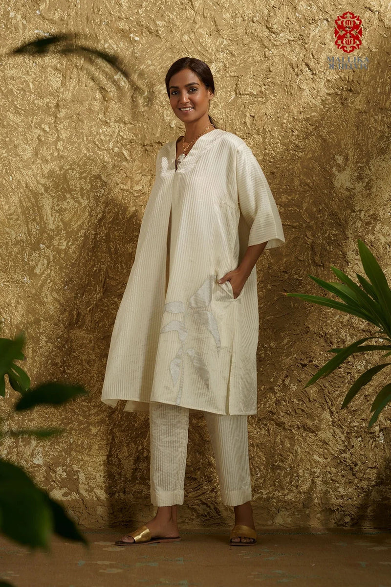 Zuria' Ivory caftan dress kora zari stripes kora kurta/kurta set by Malika Mathur in ivory for women in Singapore