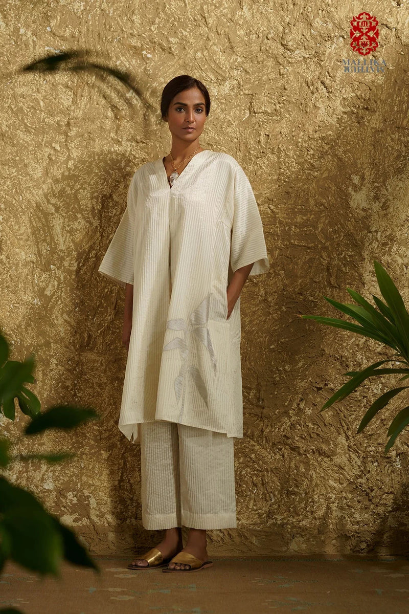 Zuria' Ivory caftan dress kora zari stripes kora kurta/kurta set by Malika Mathur in ivory for women in Singapore