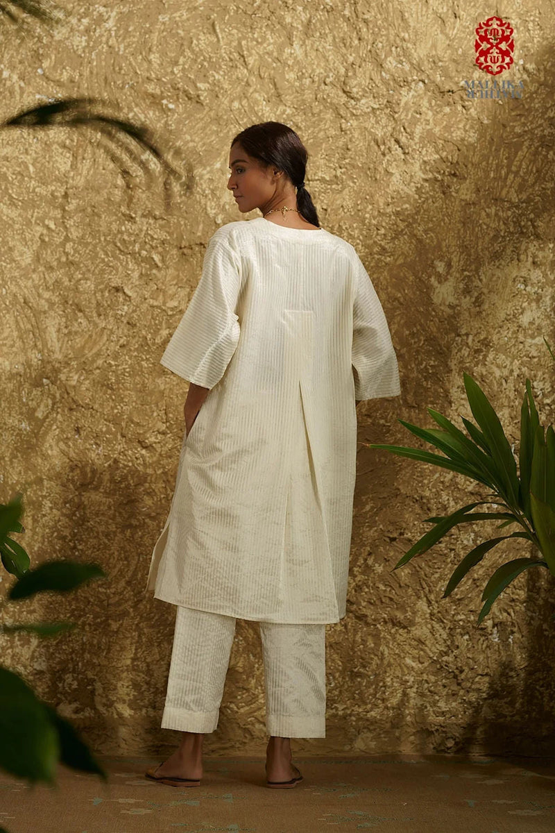 Zuria' Ivory caftan dress kora zari stripes kora kurta/kurta set by Malika Mathur in ivory for women in Singapore