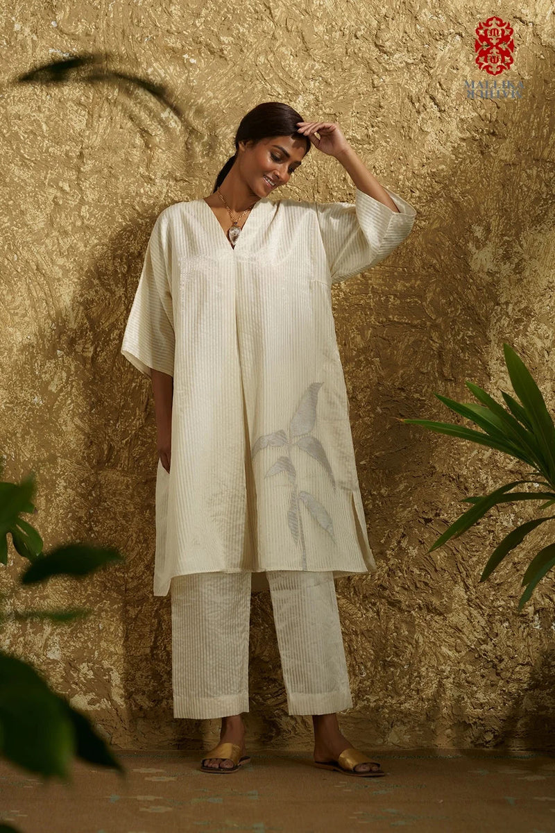 Zuria' Ivory caftan dress kora zari stripes kora kurta/kurta set by Malika Mathur in ivory for women in Singapore
