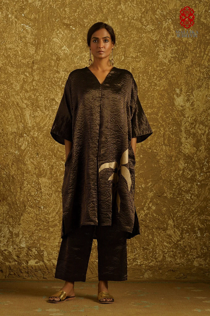 Zuria' black caftan dress kora silver Zari stripes kora kurta/kurta set by Malika Mathur in black for women in Singapore