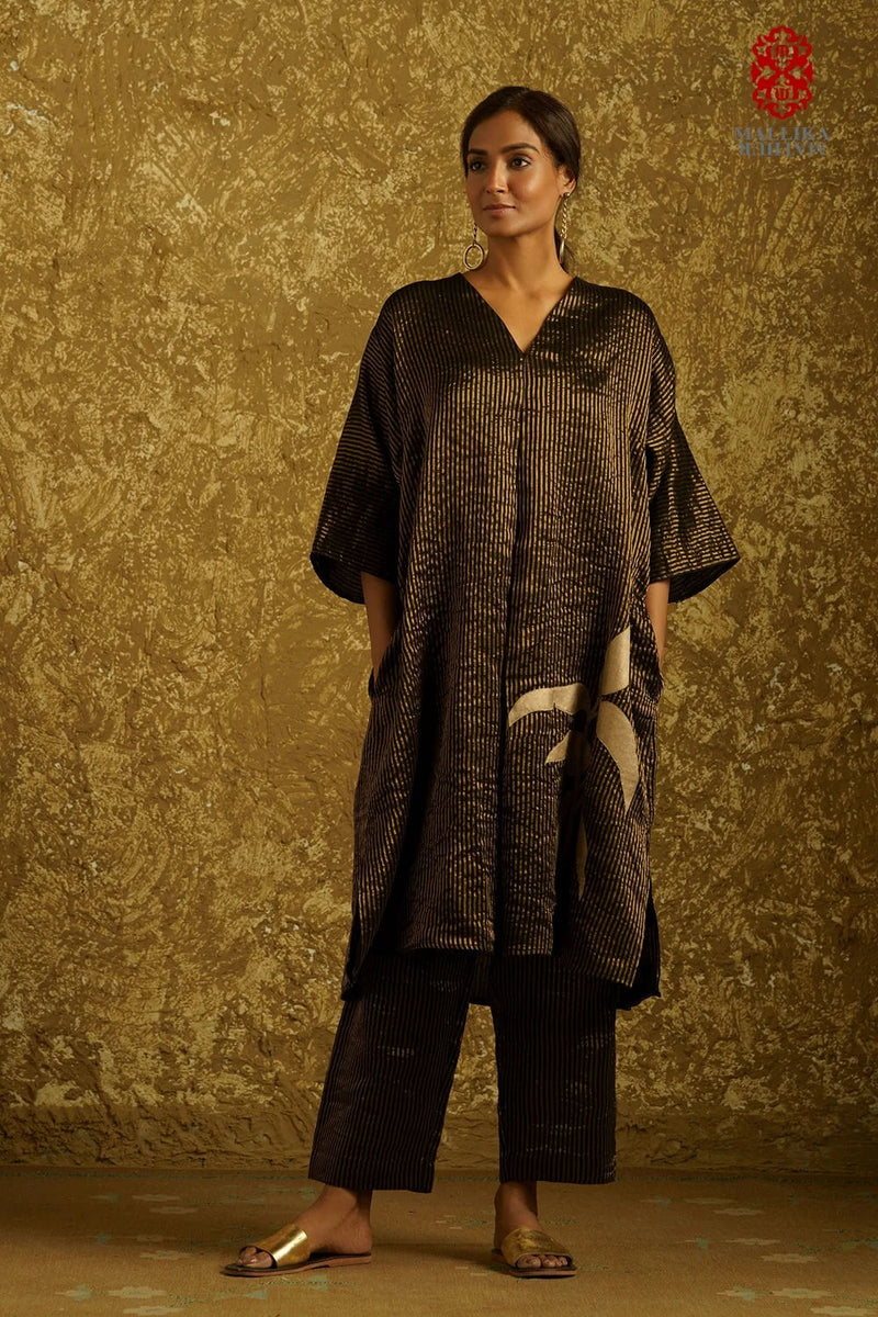 Zuria' black caftan dress kora silver Zari stripes kora kurta/kurta set by Malika Mathur in black for women in Singapore