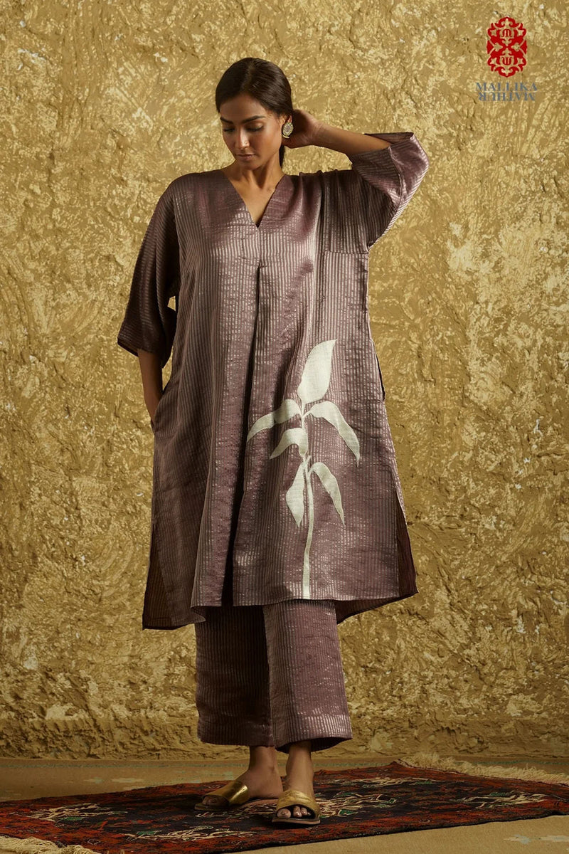 Zuria' kora silver Zari stripes phalsa kora kurta/kurta set by Malika Mathur in phalsa for women in Singapore