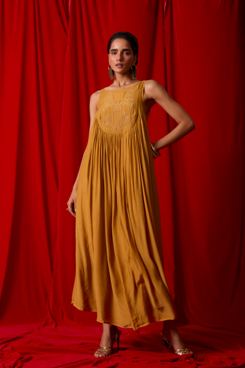 Zvuk Yellow Embroidered Maxi Dress by The Summer House in yellow color for women in Singapore
