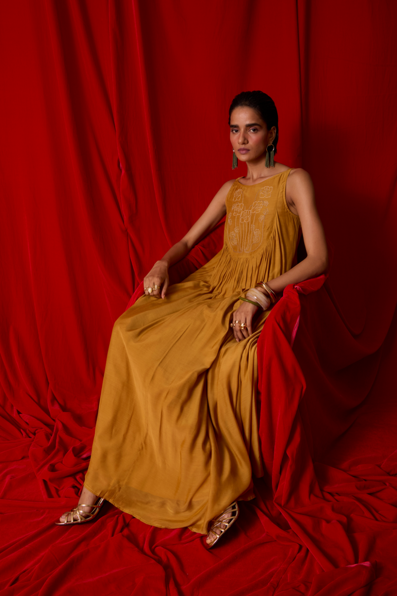 Zvuk Yellow Embroidered Maxi Dress by The Summer House in yellow color for women in Singapore