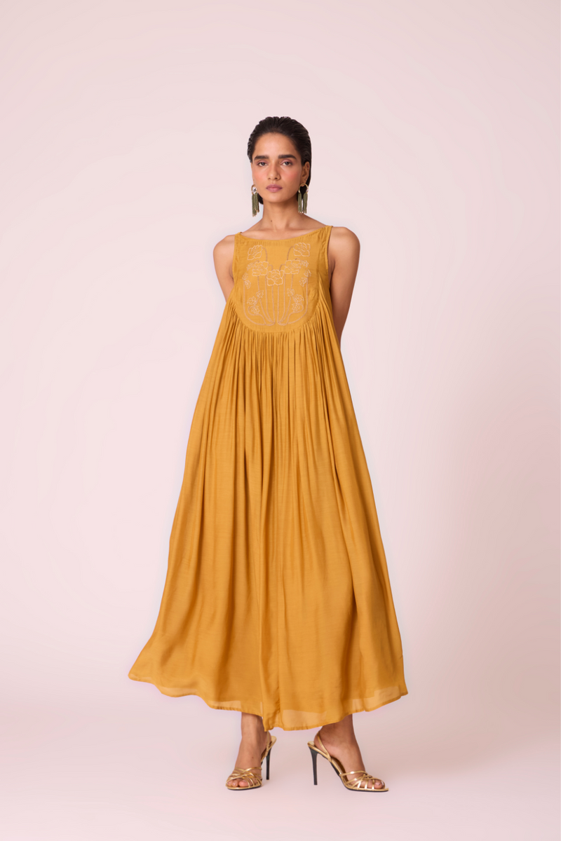 Zvuk Yellow Embroidered Maxi Dress by The Summer House in yellow color for women in Singapore