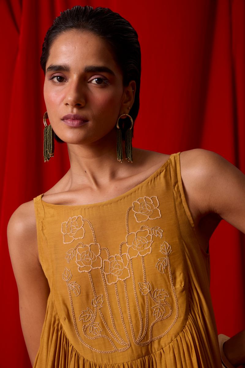 Zvuk Yellow Embroidered Maxi Dress by The Summer House in yellow color for women in Singapore