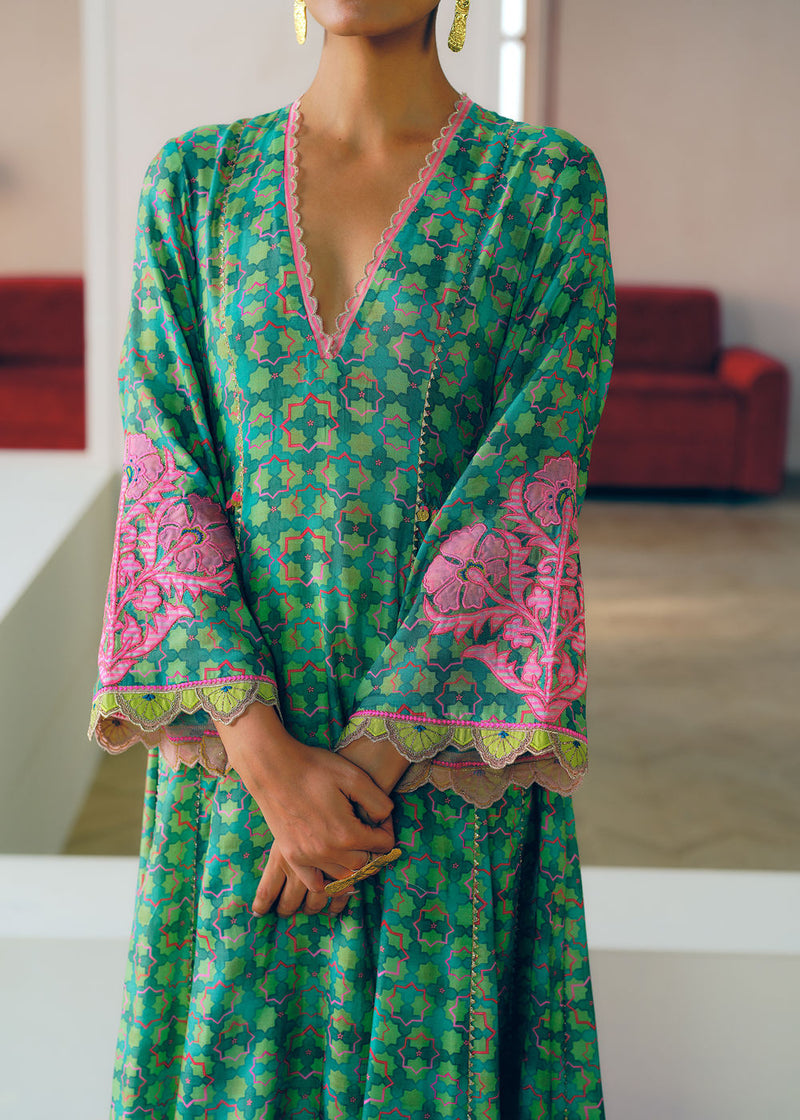 Zyra Green Gultara Printed Side Kali Kurta Set cotton silk, modal satin, tissue organza kurta/kurta set by Rajiramniq in green for women in Singapore