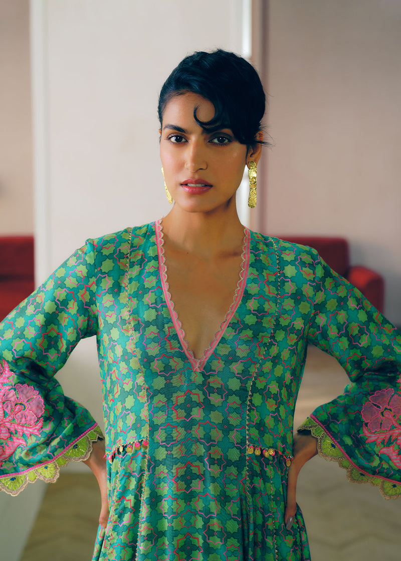 Zyra Green Gultara Printed Side Kali Kurta Set cotton silk, modal satin, tissue organza kurta/kurta set by Rajiramniq in green for women in Singapore