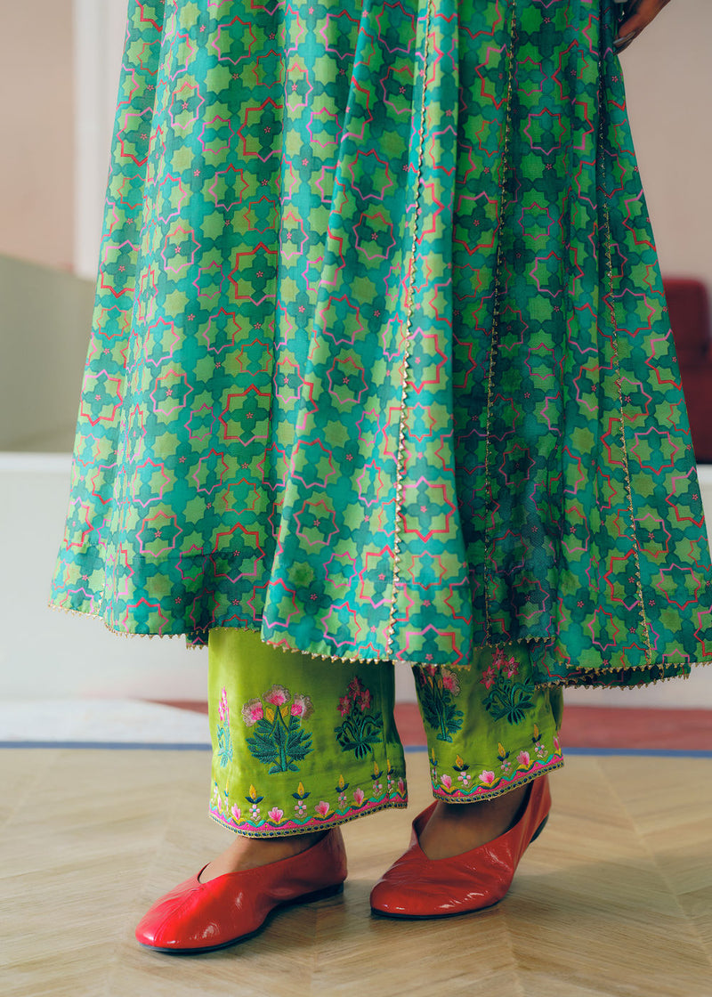 Zyra Green Gultara Printed Side Kali Kurta Set cotton silk, modal satin, tissue organza kurta/kurta set by Rajiramniq in green for women in Singapore