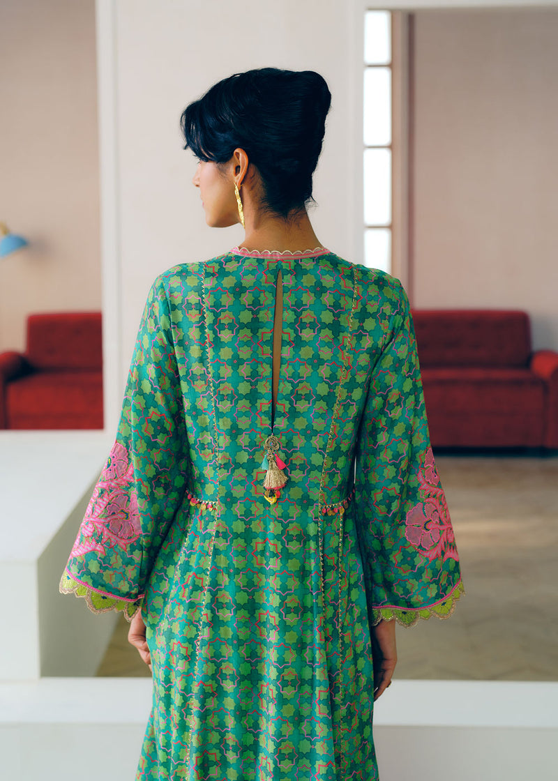 Zyra Green Gultara Printed Side Kali Kurta Set cotton silk, modal satin, tissue organza kurta/kurta set by Rajiramniq in green for women in Singapore
