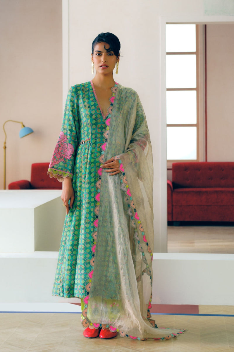 Zyra Green Gultara Printed Side Kali Kurta Set cotton silk, modal satin, tissue organza kurta/kurta set by Rajiramniq in green for women in Singapore