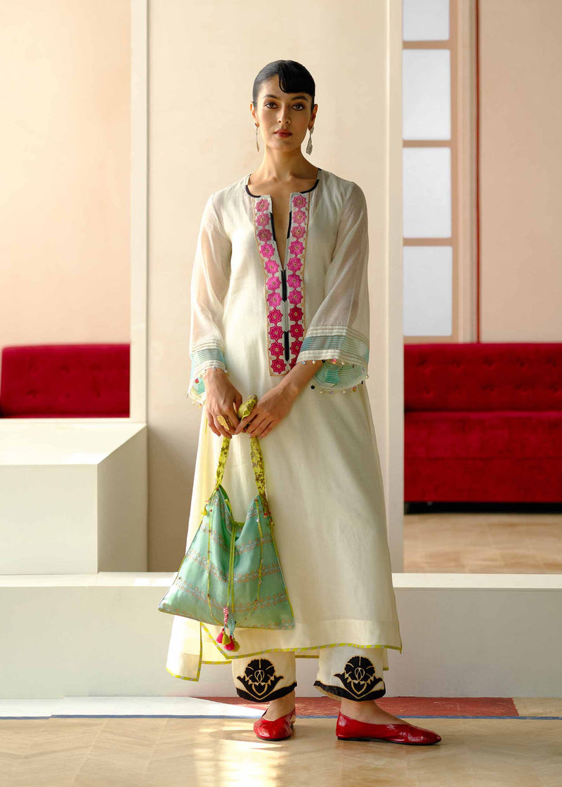 Zyra Ivory Gultara Kurta Set chanderi, organic cotton kurta/kurta set by Rajiramniq in ivory, multi-color for women in Singapore